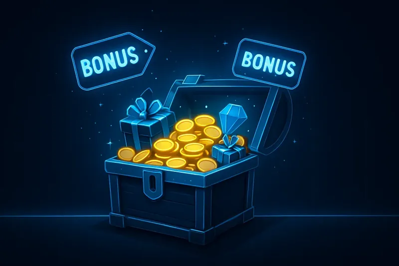 Golden treasure chest with coins, gems, gifts, and glowing bonus tags